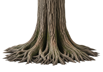 Ancient tree trunk with deeply furrowed bark in earthy brown, grey, and mossy green, powerful gnarled roots in foreground, isolated on white, concept of enduring natural strength