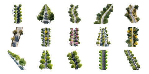 Tree-Lined Roads Aerial View Set. Scenic Pathways And Nature Collection Isolated On Transparent Background