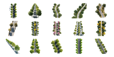 Tree-Lined Roads Aerial View Set. Scenic Pathways And Nature Collection Isolated On Transparent Background