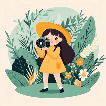 Young Girl with Camera Surrounded by Lush Greenery and Flowers