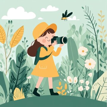 Girl in Yellow Dress Taking Photos in Vibrant Nature Background