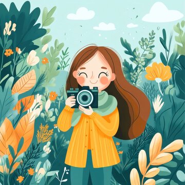 Happy Girl Holding Camera Surrounded by Colorful Nature Elements