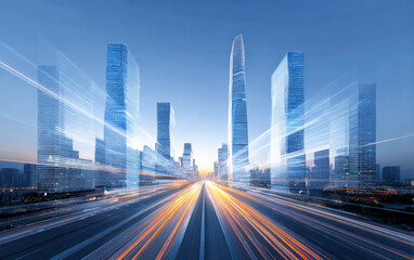 Obraz premium Modern cityscape with light trails showing urban development and technology