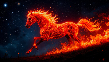 Year of the Red Fire Horse 2026. A mythical fire horse gallops across a field against a starry sky. Symbol of the Chinese zodiac. The image is well suited for calendars, postcards, and souvenirs