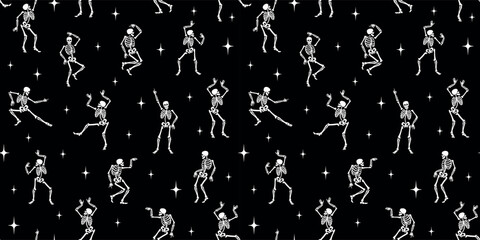 Happy dancing skeletons. Vector seamless pattern for Halloween and other