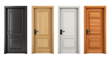 Set of modern interior doors with different wood textures and white finishes, isolated on white or transparent background