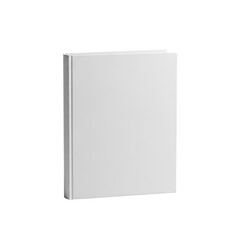 A single, new, pristine, matte white hardcover book standing upright on a gently reflective white studio background with ample copy space, softbox lighting, concept for book design mock-up