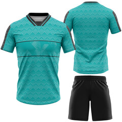 Vibrant turquoise athletic apparel showcases a short-sleeved jersey featuring intricate geometric...