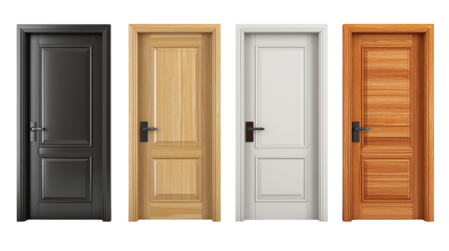 Set of modern interior doors with different wood textures and white finishes, isolated on white or transparent background