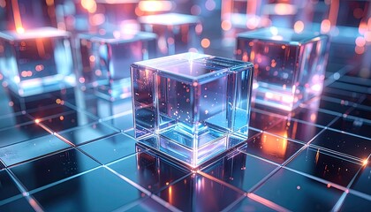 Transparent cubes on a reflective grid, glowing with vibrant light