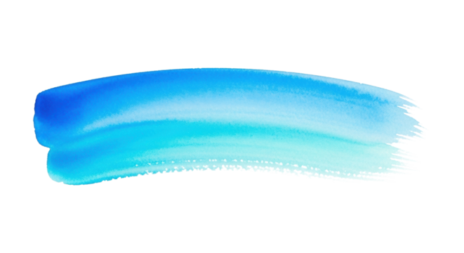 Horizontal watercolor brush stroke, vibrant blue to aqua gradient, soft hand-painted texture, natural bleed, isolated on transparent background with copy space, clean abstract design element