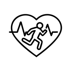Running figure inside heart shape with heartbeat line illustration  