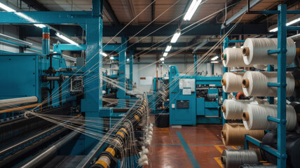 Interior view of a textile mill with machinery and spools of thread in a production line setting textile
