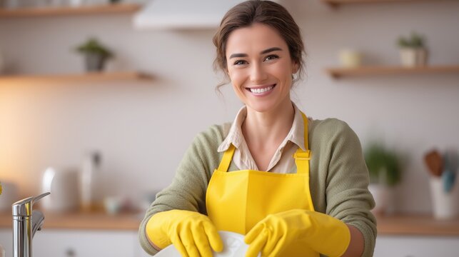 Happy woman wearing yellow apron and rubber gloves washing dishes in a bright modern kitchen - Powered by Adobe