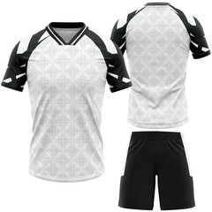 A detailed rendering showcases a stylized soccer uniform featuring a geometric pattern and black...