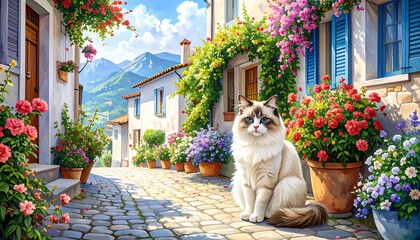 Charming alleyway with flowers and cat