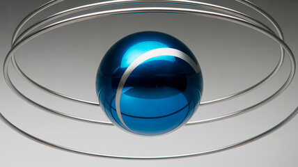 Blue Metallic Sphere with Concentric Silver Rings on a Gradient Background shiny reflective