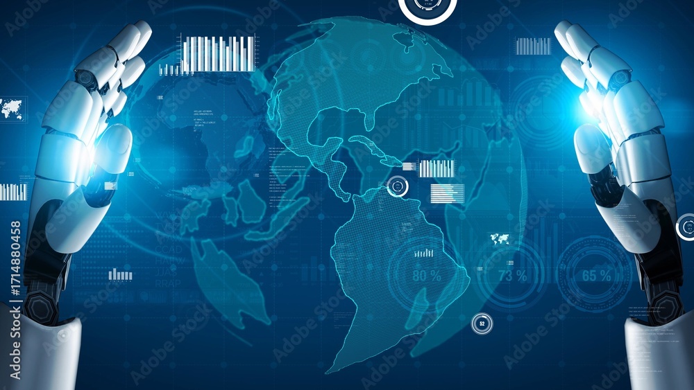 Aufkleber a captivating visual of robotic hands showcasing a digital globe, symbolizing the intersection of te
