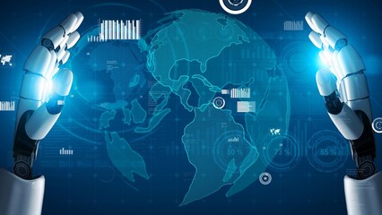 A captivating visual of robotic hands showcasing a digital globe, symbolizing the intersection of technology, data, and global innovation in a modern landscape. Xenic