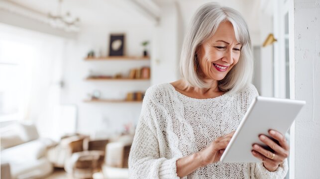 Senior woman smiling and using digital tablet at home – technology, learning and lifestyle concept - Powered by Adobe