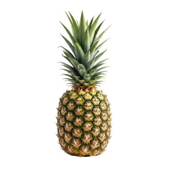 Single whole fresh ripe pineapple with vibrant green leaves and golden-brown skin, isolated on transparent background, high-key lighting. Concept for tropical product display