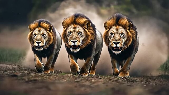 A group of lions are walking in the wild in search of prey against a white and dusty background
