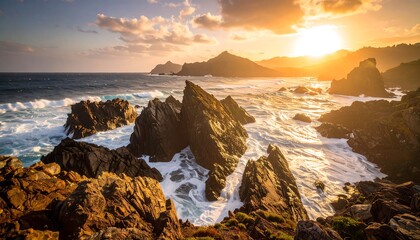 Golden sunset over rocky coastline