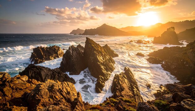 Golden sunset over rocky coastline - Powered by Adobe