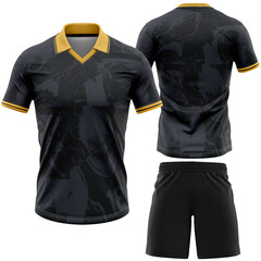 This is a sleek black and charcoal sports uniform featuring a short-sleeved jersey with intricate...