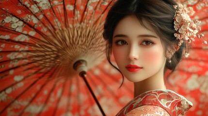 Taisho-era 1910s Japanese cosmetics advertisement featuring an elegant woman with a delicate parasol --ar 16:9 --stylize 750 --v 6.1 Job ID: 309e6475-4f6f-421d-b826-9549143280f0