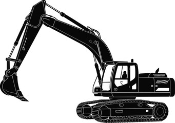 Hydraulic excavator silhouette, black construction vehicle icon, tracked machinery graphic, digging equipment vector, heavy industrial tool illustration, earthmoving clipart
