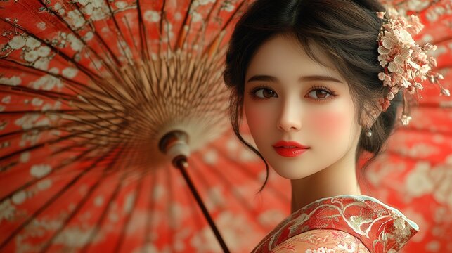 Taisho-era 1910s Japanese cosmetics advertisement featuring an elegant woman with a delicate parasol --ar 16:9 --stylize 750 --v 6.1 Job ID: 309e6475-4f6f-421d-b826-9549143280f0