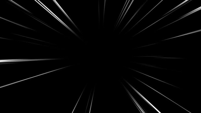2D cartoon style anime speed lines on black background, featuring diagonal, horizontal, radial glowing streaks, fast motion blur comic book effect, seamless loop animation, high-speed manga graphic.