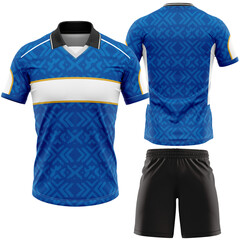 A vibrant digital rendering showcases a blue and white soccer jersey paired with sleek black...