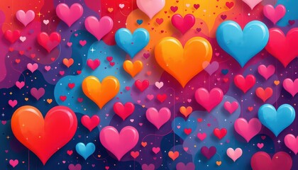 Colorful Heart Cascade with Sparkles and Whimsical Background