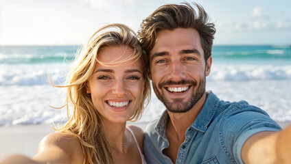 Fototapeta premium Couple taking selfie at the beach smiling
