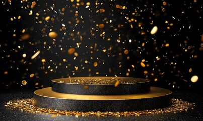 christmas Gold glitter background with black podium and spotlights