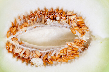 Closeup cantaloupe melon cut in half, revealing its seeds and inner flesh. Texture is smooth and...