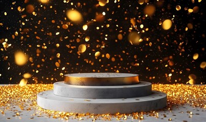 christmas Gold glitter background with black podium and spotlights