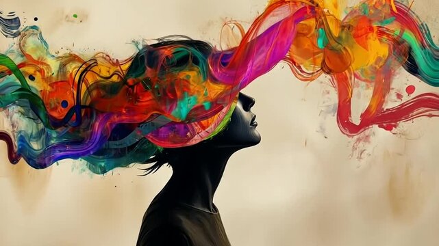 Fashion illustration of a woman's face and hair silhouette with colorful smoke design using paint and art