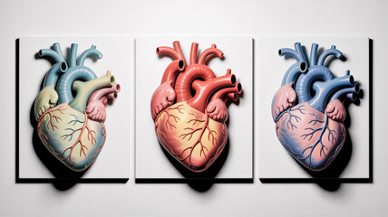 Three Anatomical Heart Models in a Triptych Display on White Panels Against a White Wall anatomy medical