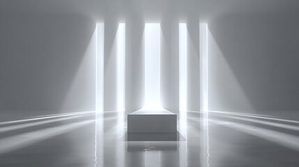 Obraz premium Minimalist gray platform is bathed in ethereal bright light.