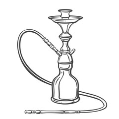 Classic hookah pipe with hose and ornate base in clean black outline, inspired by Turkish smoking culture. Elegant doodle style for travel or food design. Vector illustration.