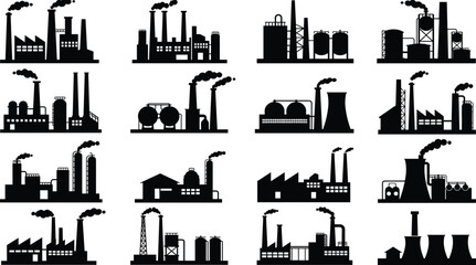 Industrial factory silhouettes, black vector icons, manufacturing plant illustration, smokestack and refinery graphics, power station clipart, minimal infrastructure design set