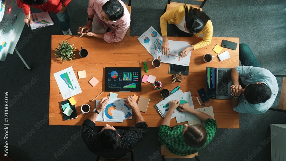 Poster top view of attractive diverse team clapping hands while project manager present creative idea at me