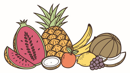 Hand Drawn Exotic Fruits Collection Including Pineapple, Coconut, Banana, Watermelon, Grapes, Lemon, and Pumpkin.