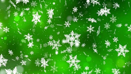 Animated, vibrant, green background with white snowflakes falling, creating a festive, wintery scene. Bokeh effect and gentle lighting