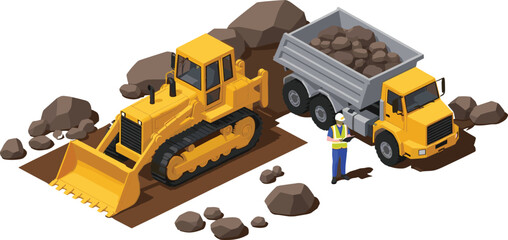 Isometric construction scene, bulldozer and dump truck illustration, worker inspecting site, yellow machinery graphic, dirt and rock excavation vector