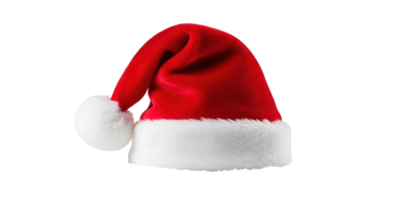 Vibrant red santa hat on transparent snow with blurred silver/white bokeh background and 'Merry Christmas' text, studio lighting, shallow depth of field, festive winter scene