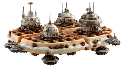 Whimsical waffle creation with sci-fi buildings and tiny spacecraft, a delicious fantasy.